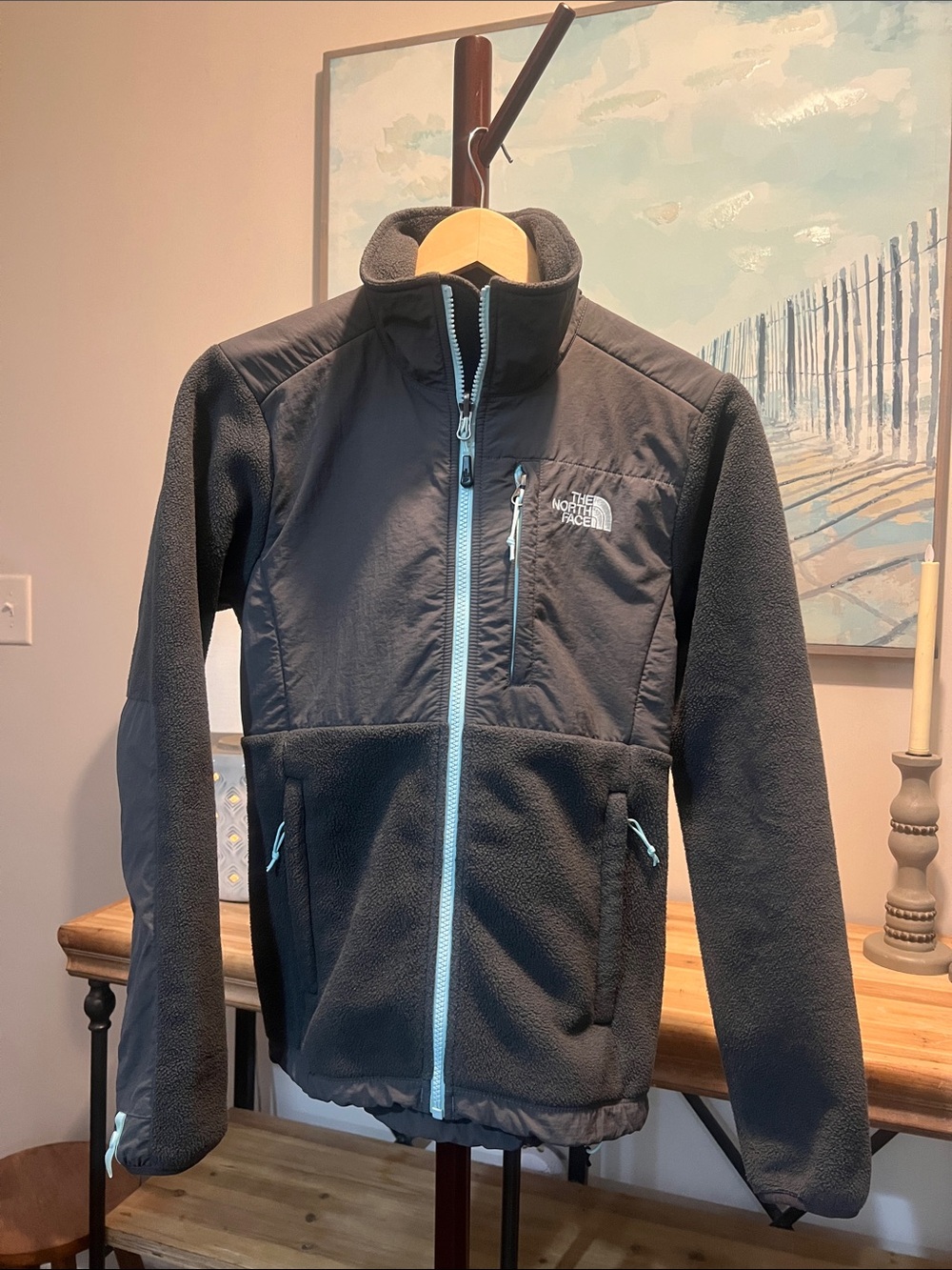 The North Face Girls' Dark Gray Fleece Jacket with Light Blue Trim